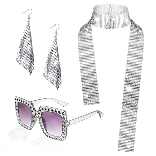 HEAWAA 3 Stück Disco Accessoire für Damen, 70er 80er Kostüm Zubehör Set mit Glitzer Schal Strass Sonnenbrille Ohrringe 1970er Outfit für Mädchen Fasching Karneval Themed Party Supplies von HEAWAA