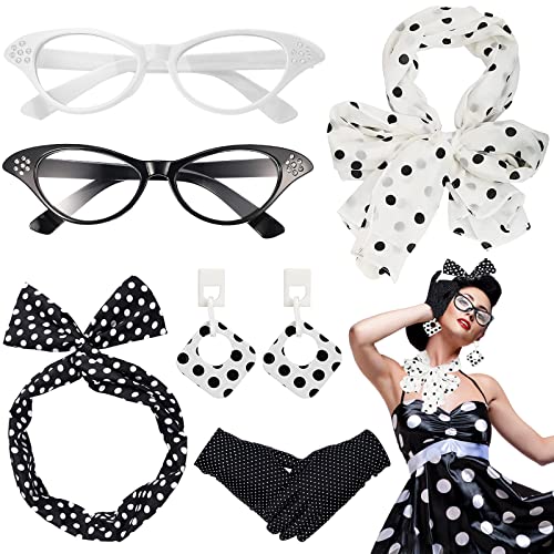 HEAWAA 50er Jahre Kostüm Accessoires, 6 Stück 60er Jahre Damen Zubehör Set mit Chiffon Schal Polka Dot Kopftuch Handschuhe Cat Eye Brille und Ohrringe für Vintage Party Karneval von HEAWAA