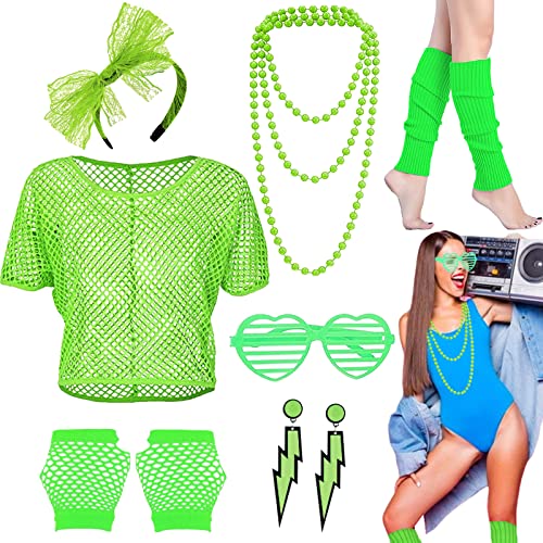 HEAWAA 7 Stück 80er Jahre Outfit Damen, 80er 90er Kleidung Kostüm Neon Accessoires mit Netzshirt Netzhandschuhe Stirnband Ohrring Halskette Beinwärmer für Mädchen Mottoparty Karneval Fasching von HEAWAA