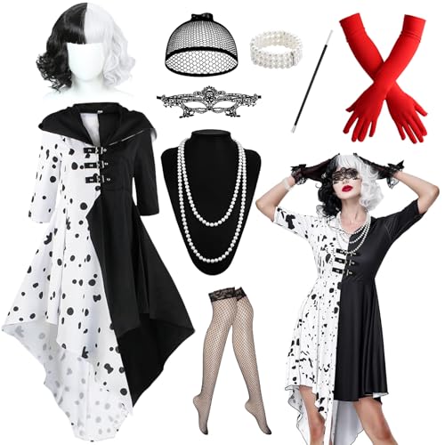 HEAWAA 9Pcs Cruella Kostüm für Damen für Cosplay Fasching (L) von HEAWAA
