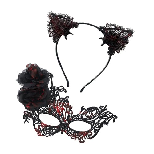 HEEZOU Praktisches Maskerade-Gesicht mit austauschbaren Katzenohren-Haarband, Halloween-Haarteil für Bühnenauftritte Halloween-Kostüm-Zubehör-Set von HEEZOU