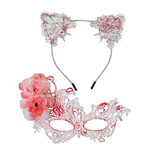 HEEZOU Praktisches Maskerade-Gesicht mit austauschbaren Katzenohren-Haarband, Halloween-Haarteil für Bühnenauftritte Halloween-Kostüm-Zubehör-Set von HEEZOU