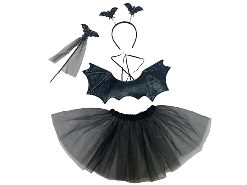 HEITMANN DECO Kinder-Kostüm Fledermaus – Halloween Kostüm für Mädchen – Rock mit Flügeln, Haarreif & Zauberstab – Größe M – Verkleidung für Fasching, Karneval & Motto-Party von HEITMANN DECO