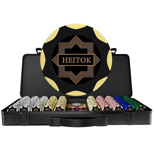 HEITOK 500 professionelles Clay Poker Chips Set mit hochwertiger Tragetasche,Plastik Pokerkarten, Dealer Button - 14g gewichtete Clay-Blank-Chips von HEITOK