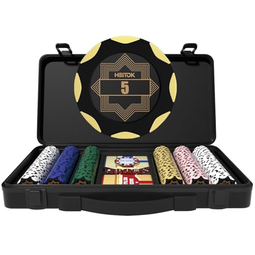 HEITOK Clay Pokerchip-Set für Texas Hold'em, 300 Stück mit Nennwerten, 14 g professionelles Casino-Blackjack-Set, hochwertige Tragetasche mit Leder-Innenausstattung und deutscher Polycarbonat-Schale HEITOK Clay Pokerchip-Set für Texas Hold'em, 300 Stück mit Nennwerten, 14 g professionelles Casino-Blackjack-Set, hochwertige Tragetasche mit Leder-Innenausstattung und deutscher Polycarbonat-Schale von HEITOK