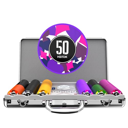 HEITOK Poker-Chip-Set mit Nennwerten, 300 Stück, 11,5 g, professionelle nummerierte Chips mit Aluminiumkoffer, inklusive 5 Würfel und 2 Poker-Decks für Texas Hold'em HEITOK Poker-Chip-Set mit Nennwerten, 300 Stück, 11,5 g, professionelle nummerierte Chips mit Aluminiumkoffer, inklusive 5 Würfel und 2 Poker-Decks für Texas Hold'em von HEITOK