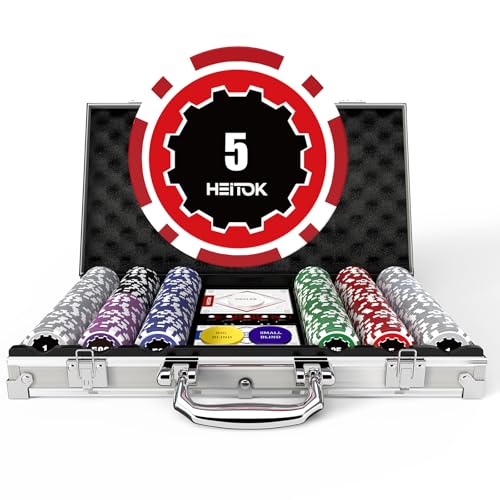 HEITOK Poker-Chip-Set mit Nennwerten, 300 Stück, 11,5 g, professionelle nummerierte Chips mit Aluminiumkoffer, inklusive 5 Würfel und 2 Poker-Decks für Texas Hold'em HEITOK Poker-Chip-Set mit Nennwerten, 300 Stück, 11,5 g, professionelle nummerierte Chips mit Aluminiumkoffer, inklusive 5 Würfel und 2 Poker-Decks für Texas Hold'em von HEITOK
