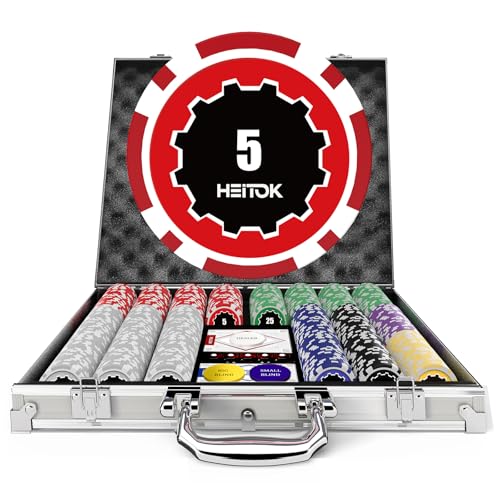HEITOK Poker-Set, 500 Stück, 11,5 g Chips mit Nennwerten, Casino-nummerierte Chips-Set mit Aluminiumkoffer, 2 Spielkartendecks, Dealer-Tasten und 2 Schnittkarten HEITOK Poker-Set, 500 Stück, 11,5 g Chips mit Nennwerten, Casino-nummerierte Chips-Set mit Aluminiumkoffer, 2 Spielkartendecks, Dealer-Tasten und 2 Schnittkarten von HEITOK