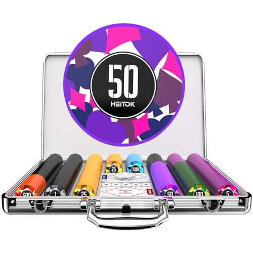 HEITOK Poker-Chips, 500 Stück, 11,5 g Chips mit Nennwerten, Casino-nummerierte Chips-Set mit Aluminiumkoffer, 2 Spielkartendecks von HEITOK