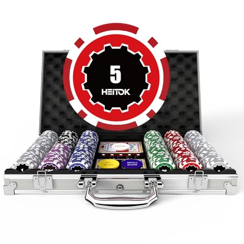 HEITOK Pokerchips mit Wertangaben, 300-teiliges Set mit 11,5 g schweren Casinochips, nummeriert, inkl. 5 Würfel, 2 Kartendecks und kompakter Aluminium-Box – ideal für Texas Hold'em und Blackjack. von HEITOK