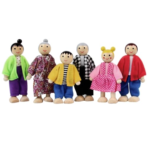 HEKARBAMILL Dolls House People 6 Family Figuren Holzpuppenhaus Figuren Dress Up Happy Family Puppen mit niedlichen Ausdrücken für Dollhouse von HEKARBAMILL