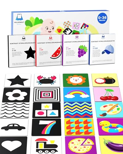 HELDENGUT® geliebte 80x Baby Kontrastkarten [4-1 Set von 0-36 Monate mit 160x Designs] - Kontrast Spielzeug für die visuelle Entwicklung von Neugeborenen - Mit tollen Spielen für die ganze Familie von HELDENGUT