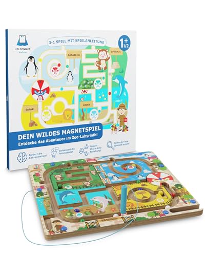 HELDENGUT® magnetisches Labyrinth für Kinder ab 2 Jahre [Abenteuer im Zoo] - Magnetspiel Ideal als Montessori Motorikspielzeug - Dank verschiedenster Lernspiele ab 2 Jahre extrem abwechslungsreich von HELDENGUT