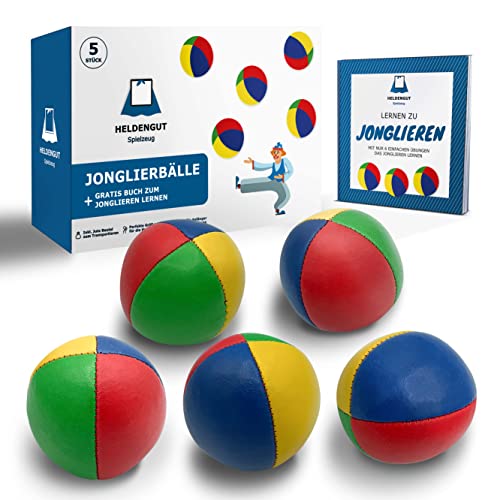 HELDENGUT [5X] geliebte Jonglierbälle für Kinder, Erwachsene, Anfänger & Profis - Perfekt ausbalancierter Jonglierball zum optimalen Jonglieren - Juggling Balls inkl. Jonglierbuch von HELDENGUT