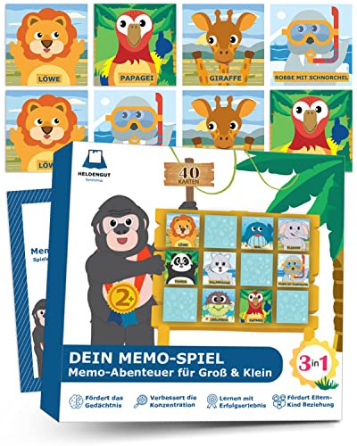 HELDENGUT® 3in1 Memorie für Kinder ab 2 Jahre - 7 Spielmöglichkeiten & Memo Karten Design - Kinderspielzeug ab 2 Jahre bis 6 Jahre - Lernspielzeug von HELDENGUT