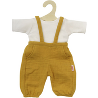 HELESS 2415 Puppen-Latzhose aus 100 % Bio-Baumwolle, honiggelb, mit weißem T-Shirt, 2-teilig, Gr. 35-45 cm von HELESS