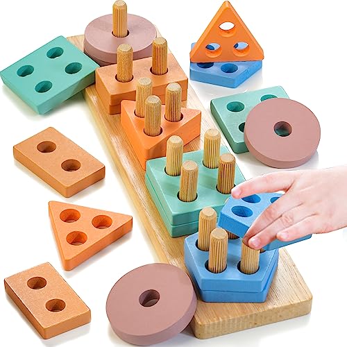 HELLOWOOD Holz Sortier- & Stapelspielzeug, Farbe Erkennung Form Sorter Steckpuzzle Montessori Pädagogisches Lernspielzeug Geschenk für Mädchen Junge Kinder Alter 1 2 3 von HELLOWOOD