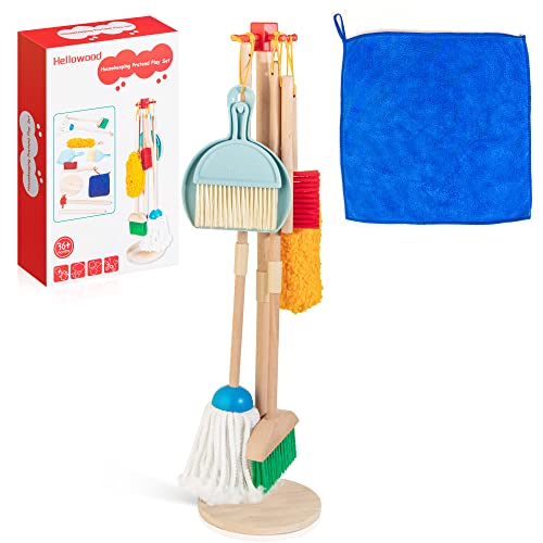 HELLOWOOD Kinder Holz Reiniungs-Set, 8-teilige Haushaltsspielzeug Rollenspiele Set inkl. Besen Mop Kehrblech Bürsten Lappen Handfeger Ständer, Reinigung Spielzeug Geschenk für Mädchen Jungen Alter 3-6 von HELLOWOOD