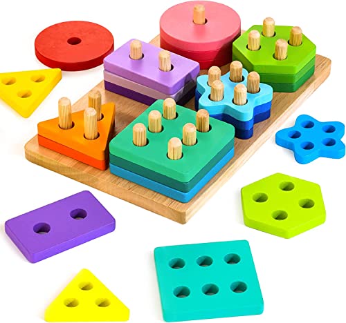 HELLOWOOD Montessori Spielzeug ab 1 2 3 Jahre, Holz Sortier- & Stapelspielzeug Steckpuzzle für 12+ Monate Baby-Jungen & Mädchen, 24pcs geometrische Baukasten, Shape Sorter Puzzles von HELLOWOOD