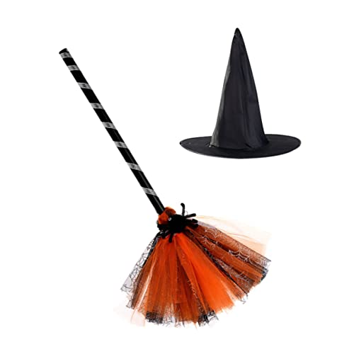 HEMOTON 1 Set Hut Besen Outdoor Party Kostüm Zubehör Hexenkostüm Hexenbesen Halloween Party Besen Requisiten Zubehör Halloween Hexenbesen Orange Tuch von HEMOTON