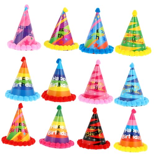 HEMOTON 12 Stück Teiliges Bunte Geburtstags Partyhüte mit Weichen Pompons Leichte Papierhüte für Kindergeburtstag DIY Happy Birthday Partydeko Passend für Verschiedene Kopfgrößen von HEMOTON