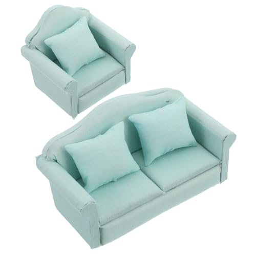 HEMOTON 2 Stück Teiliges Puppenhaus Sofa mit Kissen und Stoff Hellgrün für Wohnzimmergestaltung Robust und Detailgetreu Fördert Spiel und Sammeln von HEMOTON