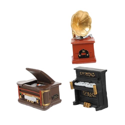 HEMOTON 3 Stück Teiliges Retro Miniatur dekor aus Harz mit Grammophon Klavier und Plattenspieler für Tisch Regal und Wohnraum im Amerikanischen Landhausstil von HEMOTON