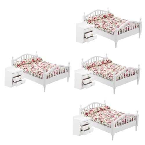 HEMOTON 4 Sätze Puppenhausbett Schlafzimmer zubehör Retro Styles weißer Nachttisch Nachttische Miniatur-Möbelornament Mini-Möbelmodelle Haushalt Minibett Ornamente Requisiten einstellen von HEMOTON