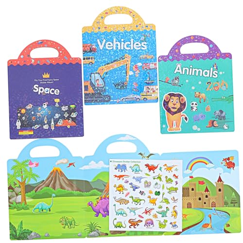HEMOTON 4 Sets Stickerbuch Wiederverwendbares Stickerbuch Stickerbücher Dinosaurier Sticker Puffy Sticker Abnehmbar Wasserdicht Umweltschutz Szenenbuch von HEMOTON