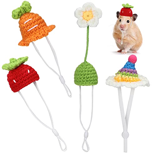 HEMOTON 4 Stück Teiliges Gehäkelte Mini Tierhüte mit Verstellbarem Band Niedliche Karotten Erdbeer Blumen und Regenbogenmotive Kleine Tiermütze für Haustiere als Foto Requisiten von HEMOTON