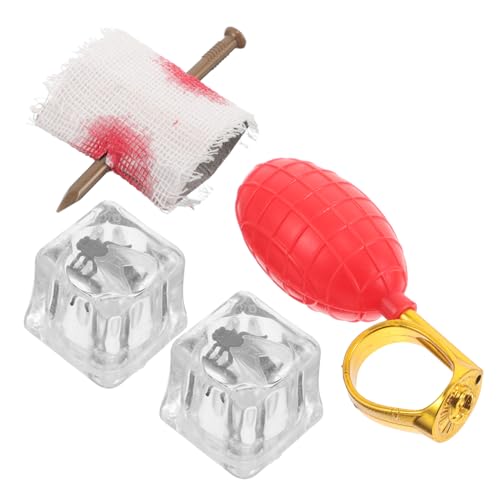 HEMOTON 4 Stück Teiliges Prank Set mit Wassersprüh Ringen Fake Nägeln durch Finger Täuschend Echten Plastik Eiswürfeln und Insekten für Halloween April Fools Day und Partyspaß von HEMOTON