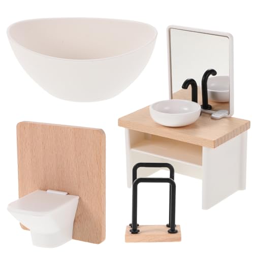 HEMOTON 4-Teiliges Miniatur-Badezimmerzubehör-Set Für Puppenhäuser Badezimmermöbel Im Maßstab 1:12 Für Puppenhäuser Mini-Duschraum Inklusive Waschbecken Badewanne Toilette Handtuchhalter von HEMOTON