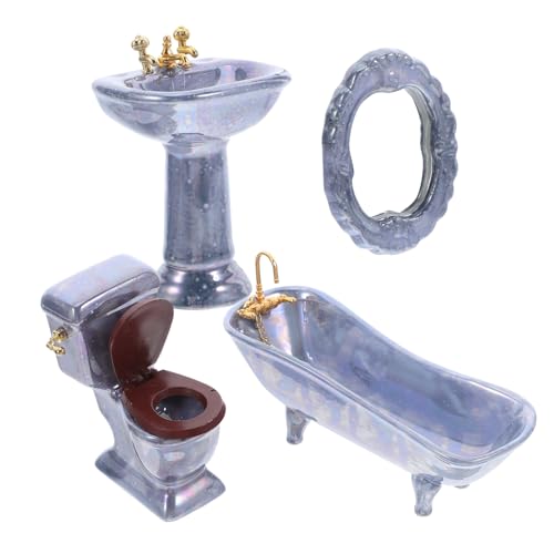 HEMOTON Miniatur Badezimmer Set für Puppenhaus Kleines Porzellan Badezimmermöbel-Set mit Badewanne Toilette Waschbecken und Spiegel Realistische Miniatur Badaccessoires für Puppenhaus von HEMOTON