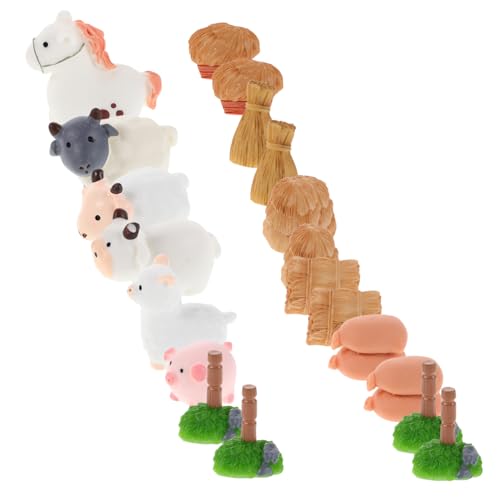 HEMOTON Miniatur Bauernhof Figuren Set mit Kleinen Tieren Mini Heuballen Holzpfählen Detaillierte Mikro Landschaftsdekoration für DIY Basteln Puppenhaus und Mini Garten Zubehör von HEMOTON