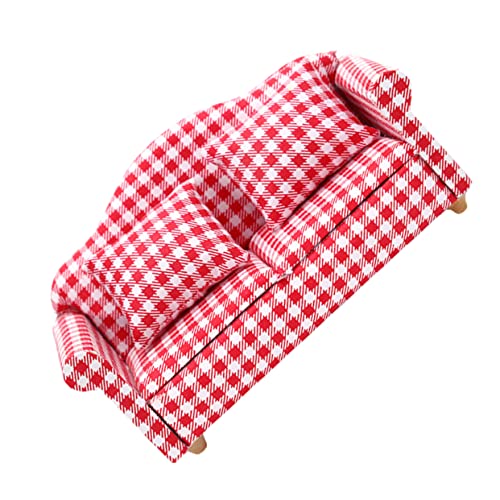 HEMOTON Puppensofa Set Rote Weiße Karomuster Couch mit Kissen Detailreiches Wohnzimmermöbel für Puppenhaus Dekoration Handgefertigt Langlebig für DIY Miniaturwelten von HEMOTON