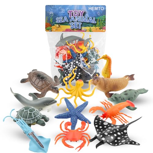HEMTO Meerestier Set (12 Stück), Delfin, Meerestiere, Pädagogisches Lernspielzeug, Multi Style Kunststoff Ozeanfiguren für Kinder und Kleinkinder von HEMTO
