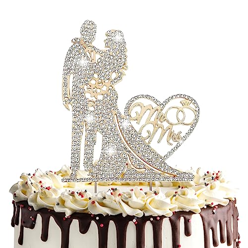 Cake Topper Hochzeit Mit Strass, Mr & Mrs Deko Torte, Personalisierter Tortenstecker für Verlobung Party (Gold) von HENGBIRD