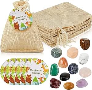 HENGBIRD Glückssteine Kinder 12 Stück Set Bunte natürliche Edelsteine mit Jutebeutel Tier Sticker DIY Geburtstags Mitgebsel Geschenk Magische Kristalle für Schatzsuche & Party Dekoration von HENGBIRD