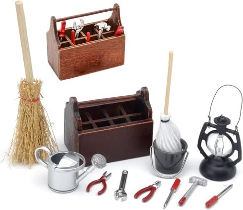 HENGBIRD Wichtel Zubehör Weihnachten - 12 Stück Miniatur Werkzeugkasten Set, Mini Holz Werkzeugkiste Mit Werkzeug, Baustelle, Puppenhaus Zubehör Miniatur Garten Deko von HENGBIRD