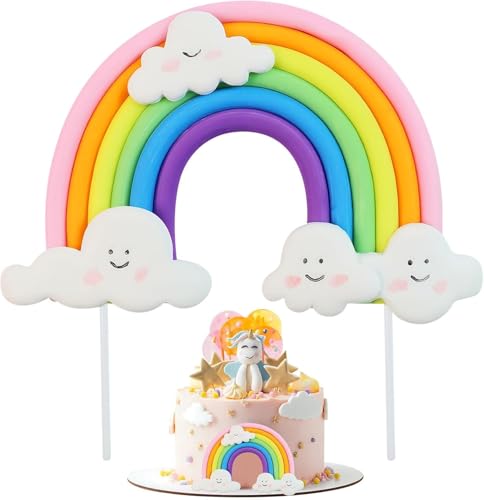 HENGBIRD Wolken Regenbogen Tortendeko, Weicher Keramik Regenbogen Deko mit Silbersticker,Sicheres und Ungiftiges Material,Happy Birthday Tortendeko,Torten Deko für Mädchen Jungen Kindergeburtstag von HENGBIRD