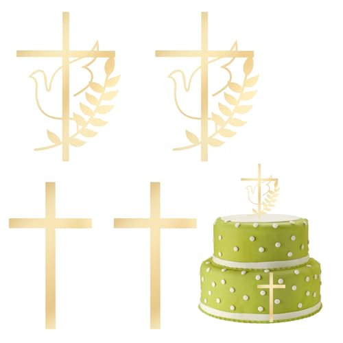 HENGBIRD4 Pcs Tortendeko Kommunion, Kuchendeko Kreuz, Cake Topper Kommunion Cake Topper Taube Gold Acryl Torte Deko Kommunions Tortendeko für Spiegel Kuchen Topper Kuchen Dekoration für Taufe Hochzeit von HENGBIRD
