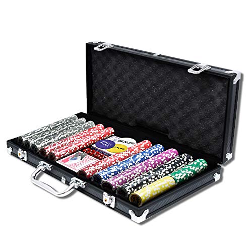 HENGMEI Pokerset mit 500 Laser Pokerchips Pokerkoffer Komplett Set Pokerkarten Zubehör inkl. 2X Pokerdecks, 5X Würfel, 3X Dealer Button, Poker, Pokerchips, Koffer, Jetons (Schwarz) von HENGMEI