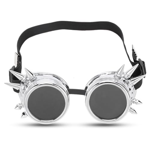HERCHR Steampunk -Brille, ABS Vintage Stachel Kaleidoskop Goggle Radsportgläser Doppelschicht Windschutz Sonnenbrille für Punk Gothic Cosplay Party (Bright Silver) von HERCHR