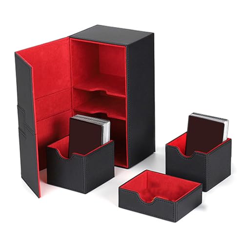 HERCHR Trading Card Storage Box, 8.1x4,5x3,5 Zoll 200 Kartendeckbox Magnetic Close PU Leder Gamecard Aufbewahrungskoffer mit 3 Schubladen (Rot) von HERCHR