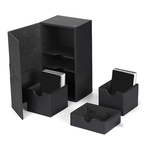 HERCHR Trading Card Storage Box, 8.1x4,5x3,5 Zoll 200 Kartendeckbox Magnetic Close PU Leder Gamecard Aufbewahrungskoffer mit 3 Schubladen (Schwarz) von HERCHR