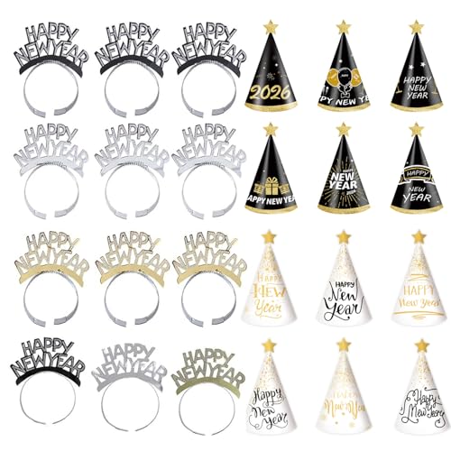 24 Stück schwarzes Gold und weißes Frohes Neues Jahr Kopfband, Neues Jahr Kegel Hut für Männer und Frauen, Silvester Party Supplies 2026 von HEREER