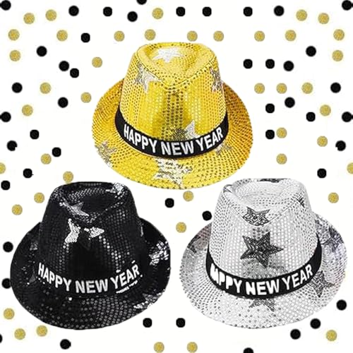 3 Stück Neujahr Fedora Hüte Glitzernde Paillette Hut mit Stern für Männer und Frauen Silvester Dekoration 2026 Silvester Party (Black) von HEREER