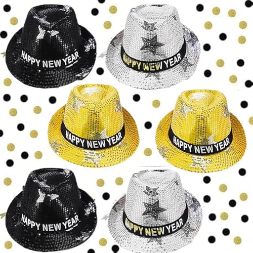 6 Stück Neujahr Fedora Hüte Glitzernde Paillette Hut mit Stern für Männer und Frauen Silvester Dekoration 2026 Silvester Party (Silver) von HEREER