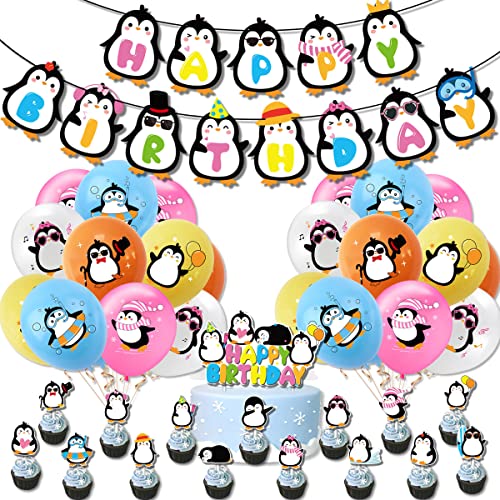 Pinguin Geburtstagsdekoration - Party Supplies, Alles Gute Zum Geburtstag Banner, Walking Luftballons, Cake Toppers für Kinder Geburtstag Babyparty Winter Wunderland Dekoration von HEREER