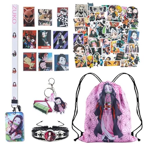 HERMJ Slayer Merch Geschenkset,Anime, Sticker, Keychain, Kordelzugbeutel, Armband, Kartenhaltern, für Fans von HERMJ